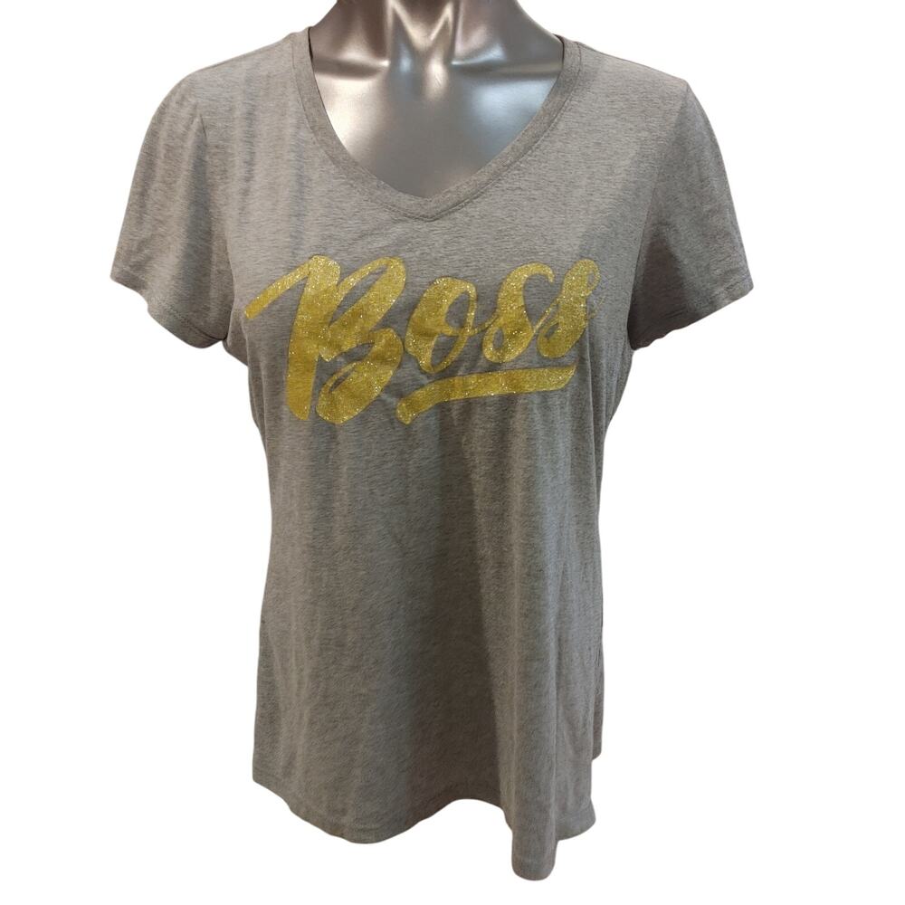 District Made - Women's LG Gray Short Sleeve V-Neck "Boss" Graphic Tee